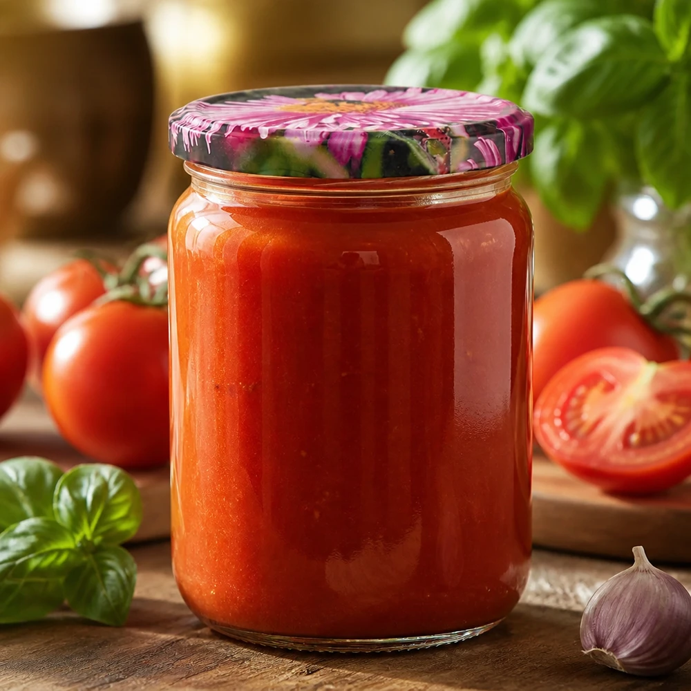 555 ml rond glas + BasicSeal-deksel ‘Blüte’ UNiTWIST Pastakom 555 ml UniTwist BasicSeal ‘Blüte’ met zelfgemaakte tomatensaus op een houten tafel