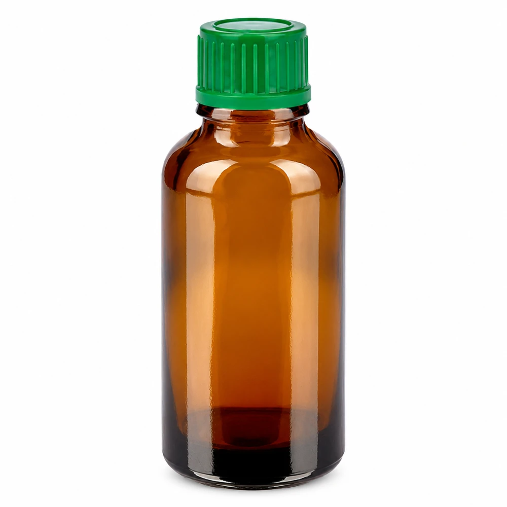 Compact flesje van 30 ml in amberglaslook met groene dop voor veilig bewaren