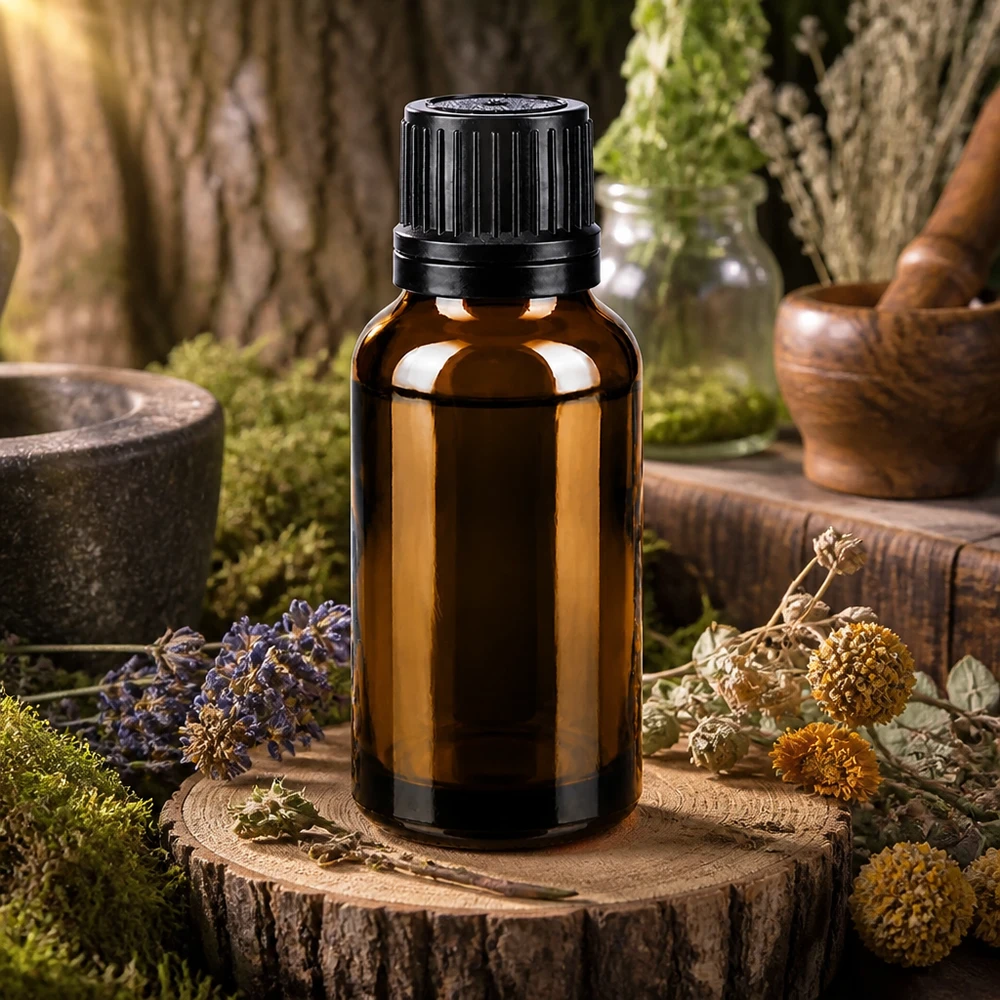 Flesje van 20 ml met aromaolie in bruin glas, voorzien van een verzegelde dop, tussen gedroogde geneeskrachtige kruiden
