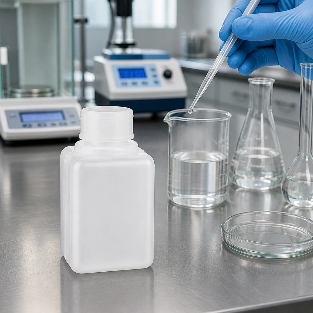 Chemicaliënfles 20 ml, nauwe hals, incl. sluiting GL 18 Stevige PE-HD-fles met smalle hals, 20 ml, naturel, bestand tegen chemicaliën, voor laboratoriumtoepassingen