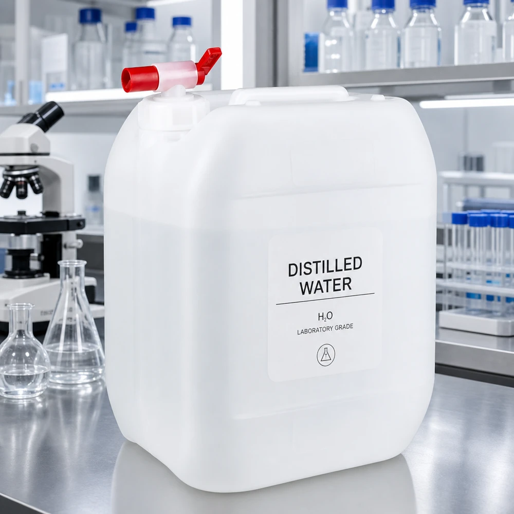 10l jerrycan met aftapkraan, UN-toelating Rechthoekige HDPE-kan van 10 liter met rode afsluitkraan en draaggreep – zijaanzicht