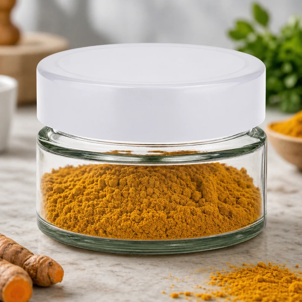 130 ml rond potje met BasicSeal deksel gevuld met geel kurkumapoeder - kruiden bewaren in glazen potje