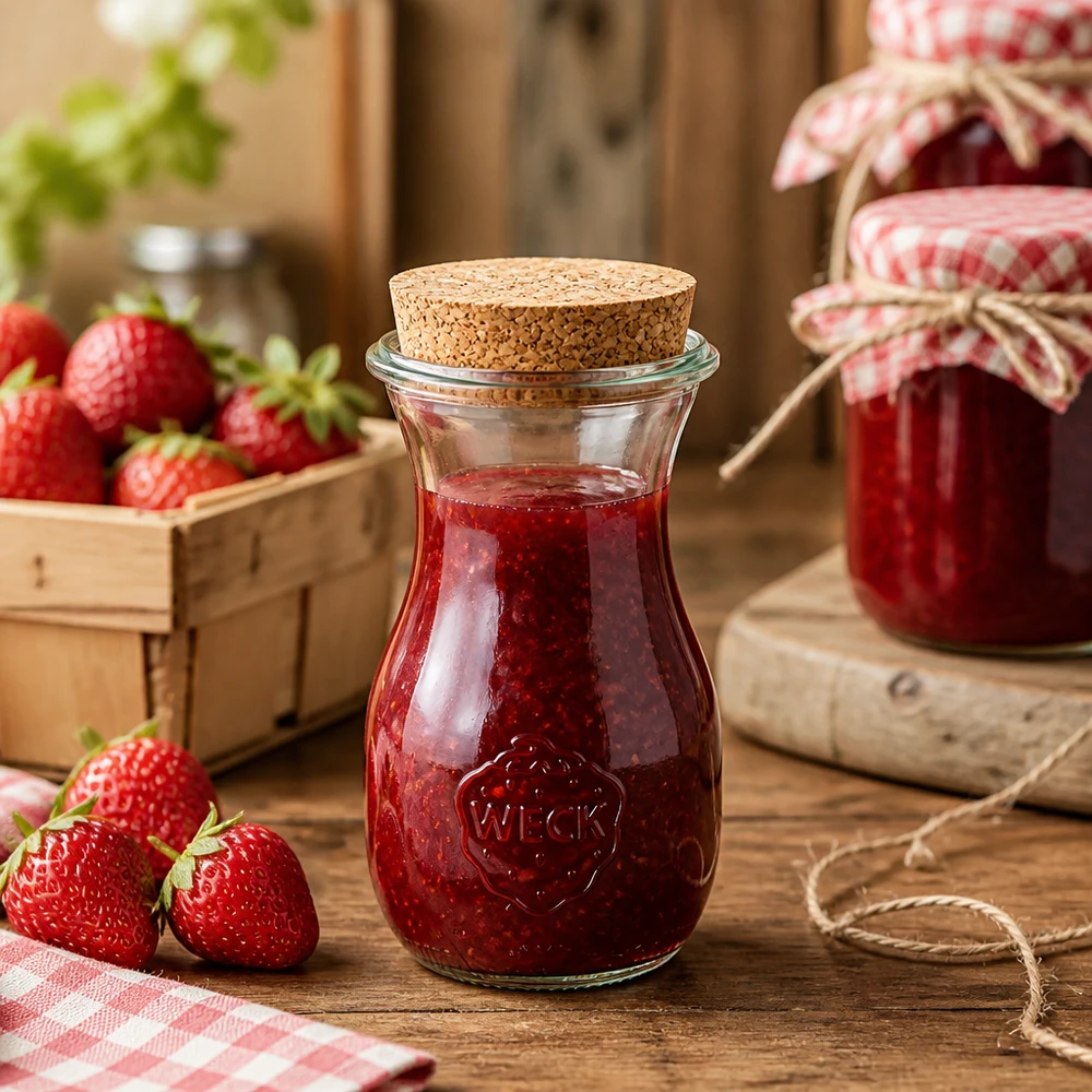 WECK sapfles 290ml met kurk gevuld met aardbeienjam in rustieke keuken met verse aardbeien