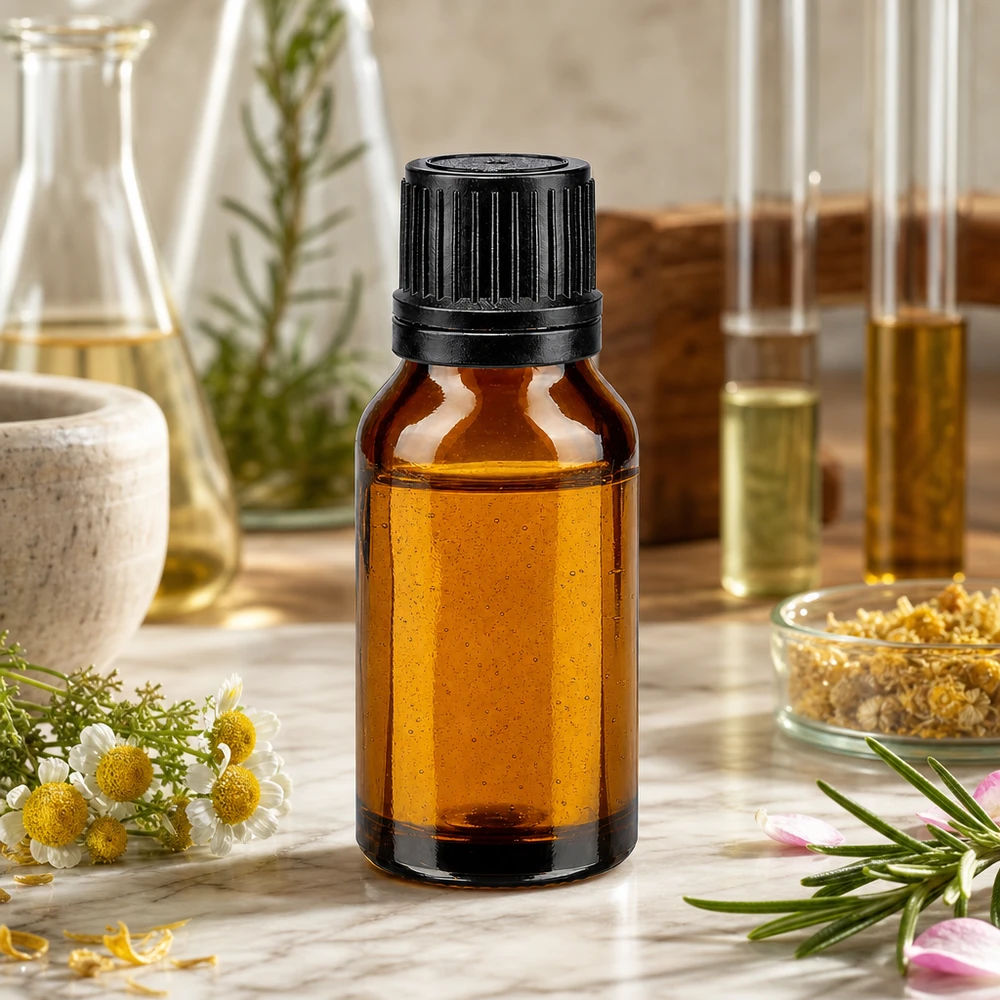 Bruine glazen fles 15ml met zwart druppelsluiting 1mm VR Een amberkleurig flesje van 15 ml met een zwarte schroefdop, omringd door kamillebloemen en rozemarijn