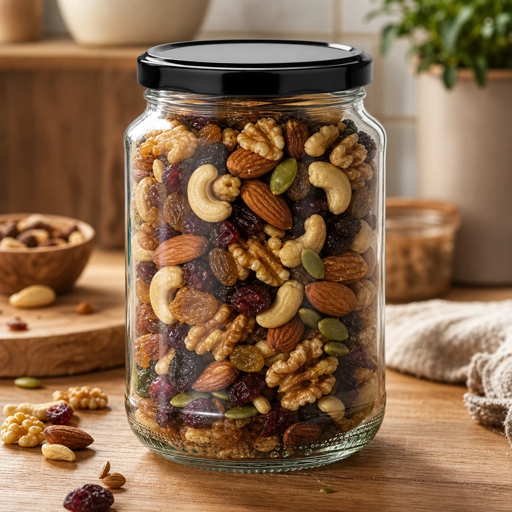 375 ml ronde pot met zwart deksel gevuld met notenmix als voorraadpot voor gedroogd fruit en noten