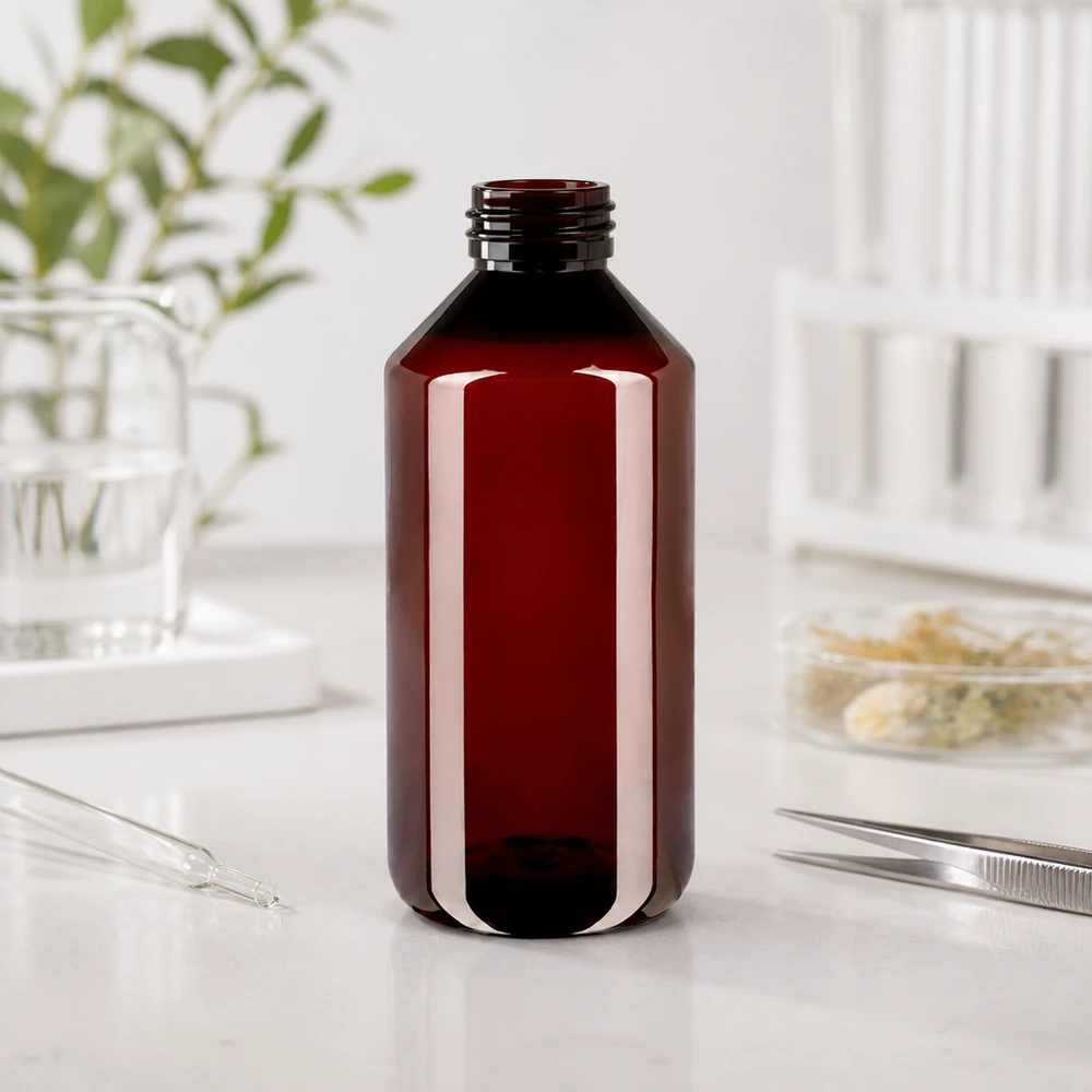 Lege apothekersfles van 1 liter, gemaakt van bruin PET-plastic, met geribbelde schroefdraad