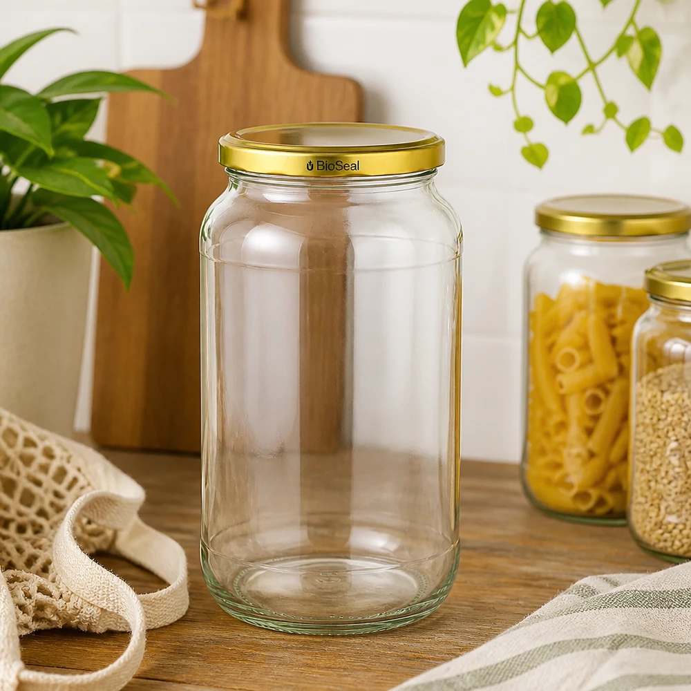 UNiTWIST Runda1062 voorraadpot leeg gouden TO82 BioSeal deksel keukenscène pasta ontbijtgranen duurzaam bewaren