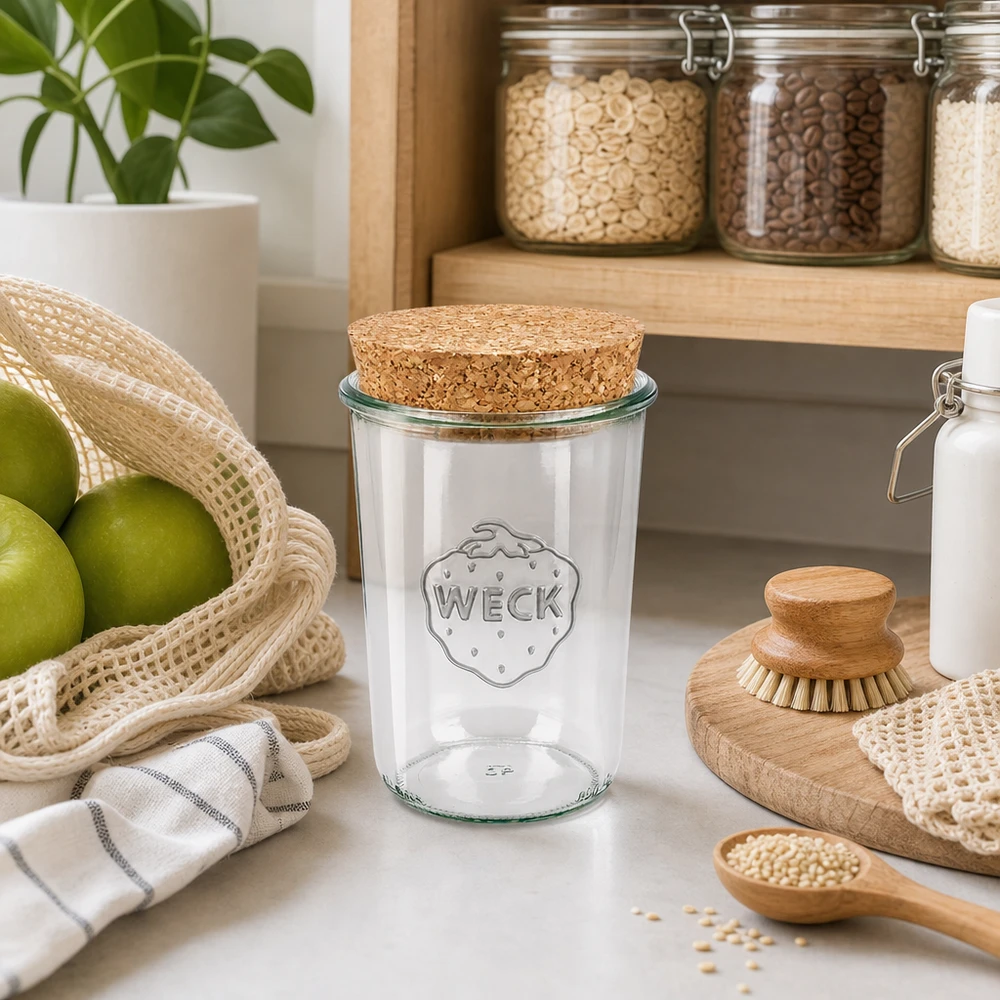 850ml stortglas WECK RR100 met kurk WECK bekers 850ml RR100 met kurkdeksel in duurzame keuken naast voorraadpotten fruit en houten keukengerei