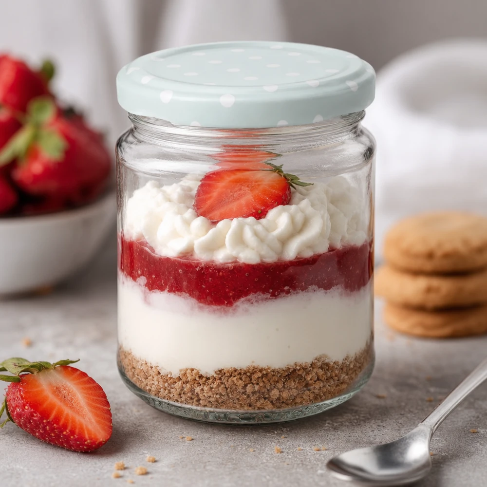 212ml ronde glazen dessertpot met aardbeientaart, mint BasicSeal deksel stippen, gelaagd dessert in een glas met room