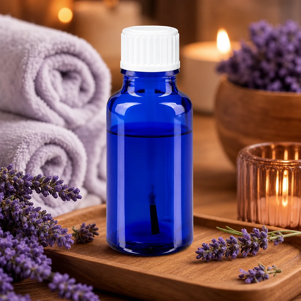 Kleine blauwe apothekersfles van 20 ml, omringd door paarse lavendel en een theelichtje