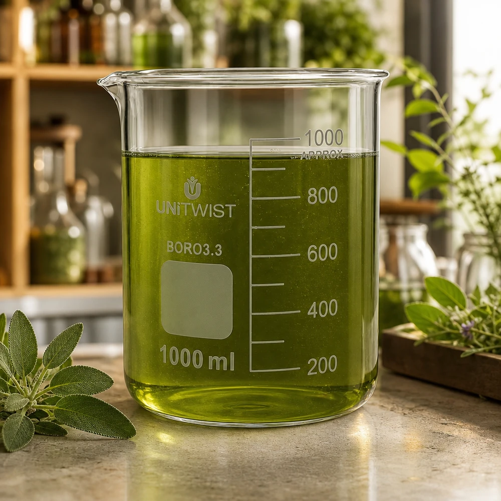 Beker 1000ml borosilicaat, lage vorm UNiTWIST Doorzichtig UNiTWIST-glas 1000 ml, laag model, met groen extract en salieblaadjes