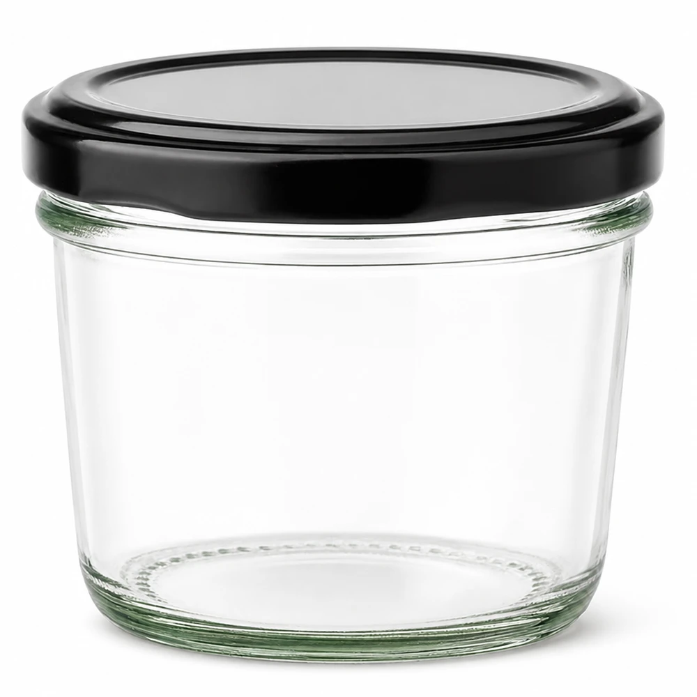 230ml mason jar met zwart BasicSeal deksel van helder glas voor jam en conserven