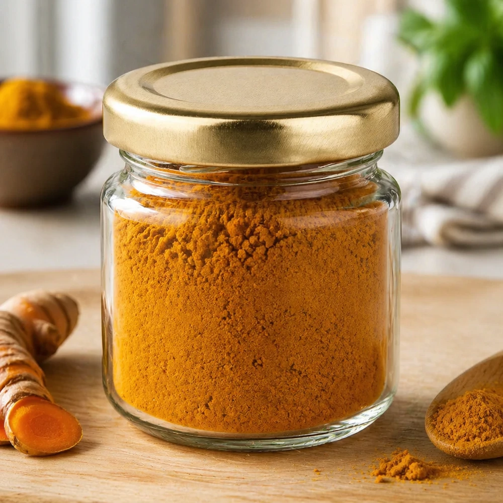 53ml rond potje UNiTWIST gevuld met kurkumapoeder toont gebruik als kruidenpotje met gouden deksel