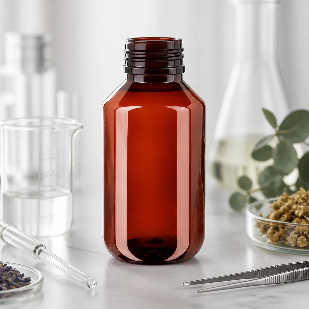 50 ml PET medicijnfles met verstuiver zwart GCMI 28/410 incl. dop transparant, standaard Compacte apothekersfles van 100 ml, gemaakt van bruin PET, met verzegeling en brede schouder