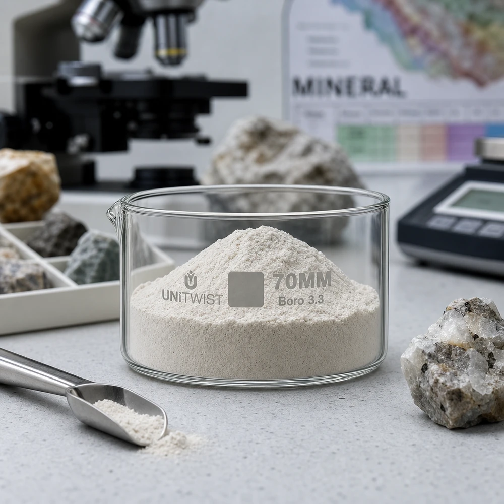 Vlakke kristallisatieschaal UNiTWIST 70 mm met witte poederlaboratoriumspatel en gesteentemonsters