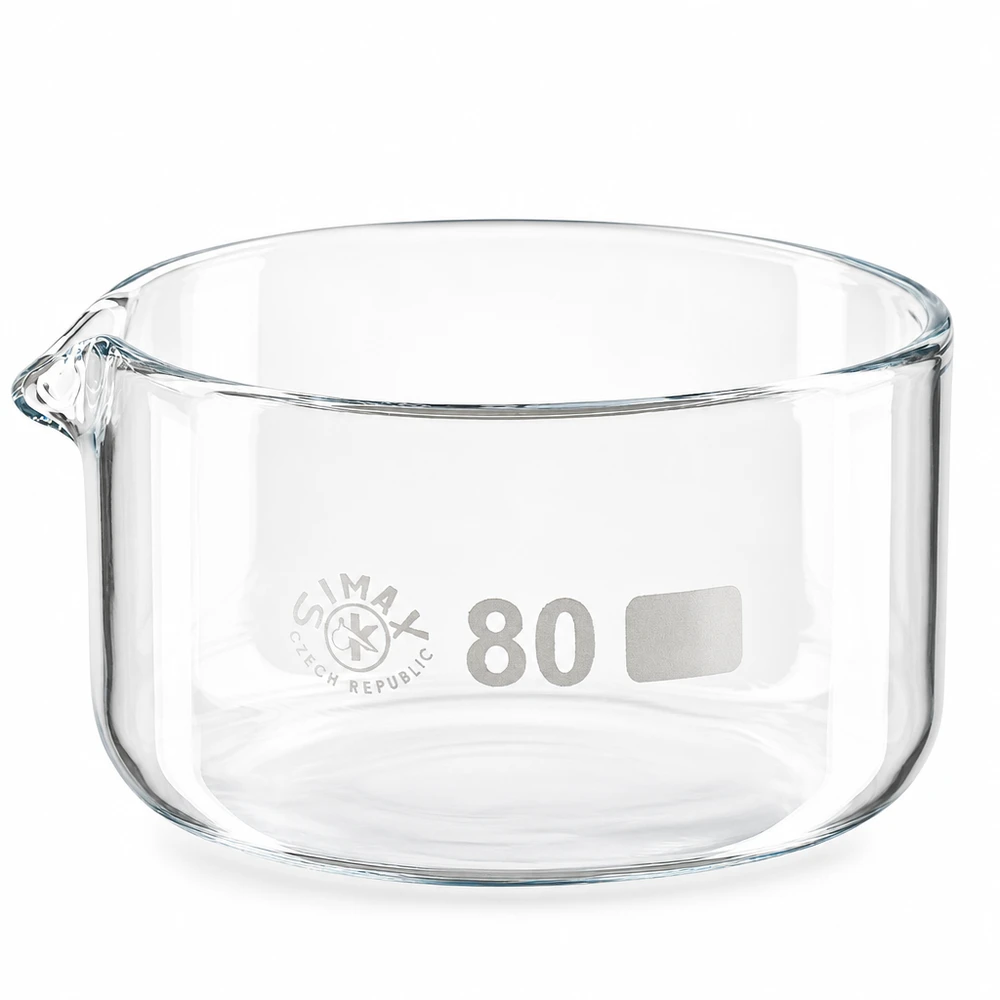 Kristalliseerschaal 150ml met schenktuit Doorzichtige kristallisatieschaal van borosilicaatglas, 150 ml, hittebestendig en voorzien van een handige schenktuit