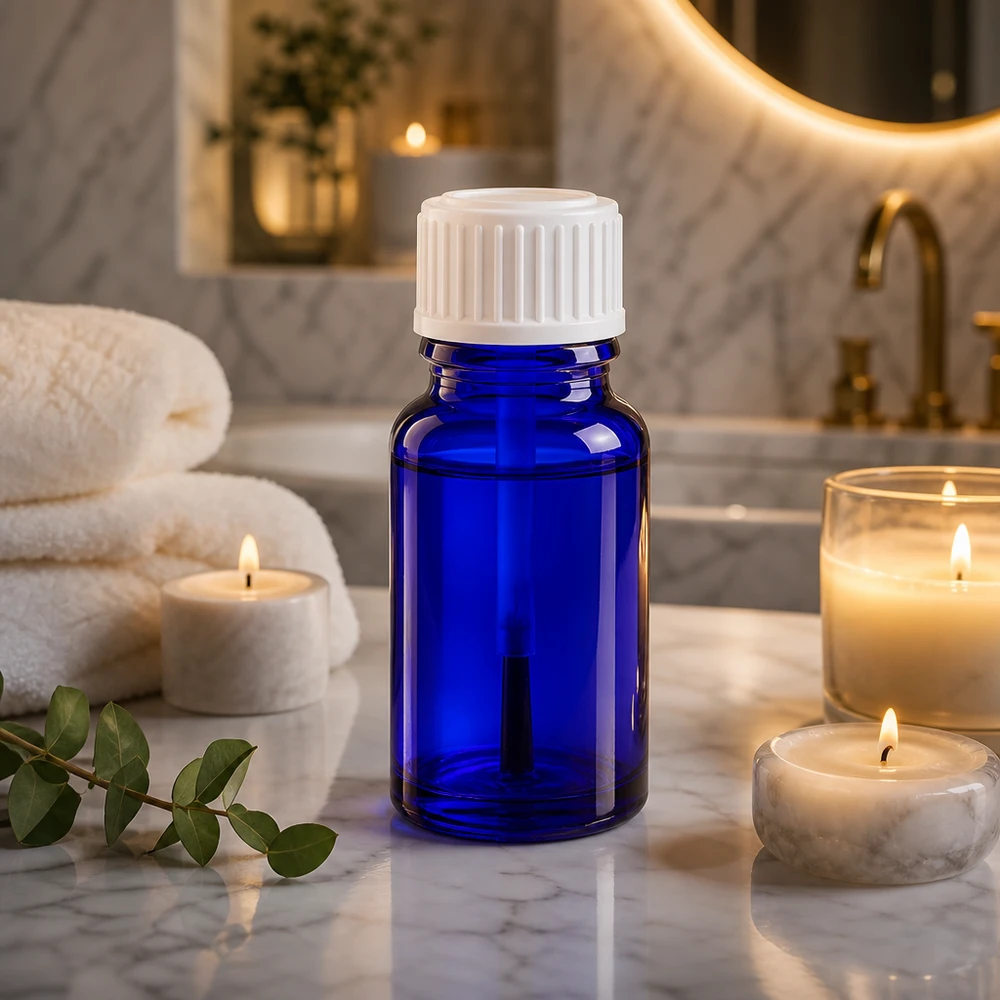 Compacte blauwe STD-glazen fles van 10 ml met witte dop voor nauwkeurige dosering in de wellnessbranche
