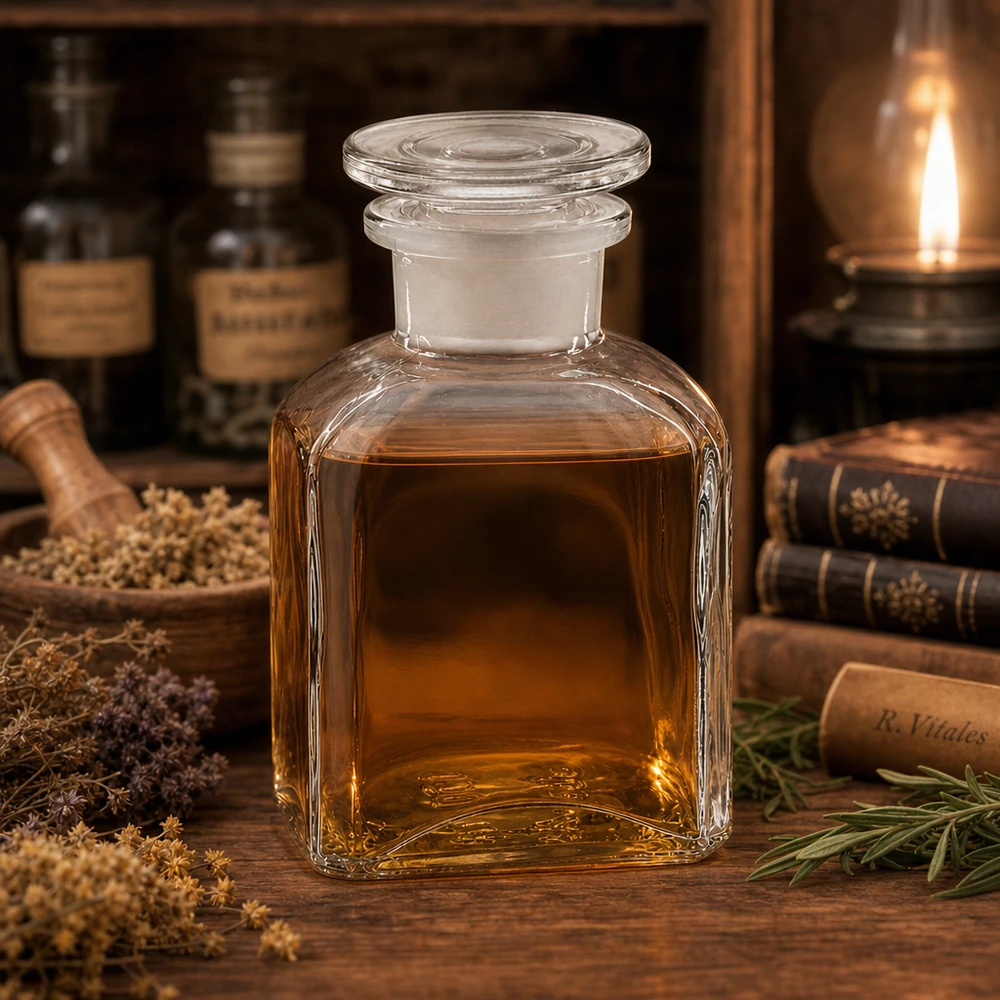 Apothekersfles 150 ml, vierkant, transparant, met een brede halsstop voor distillaten en plantenextracten