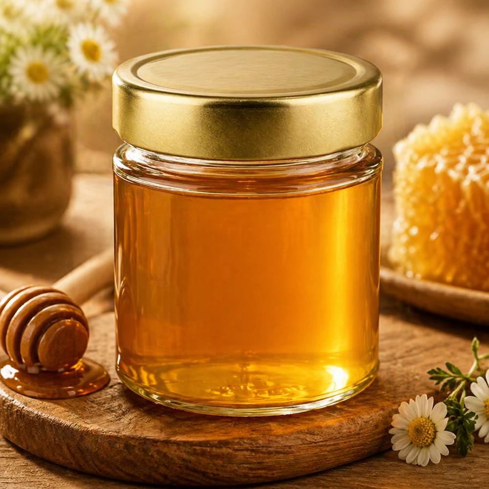 154ml ronde pot met gouden deksel gevuld met honing Honingpot honingpot met honinglepel bloemen natuurproduct