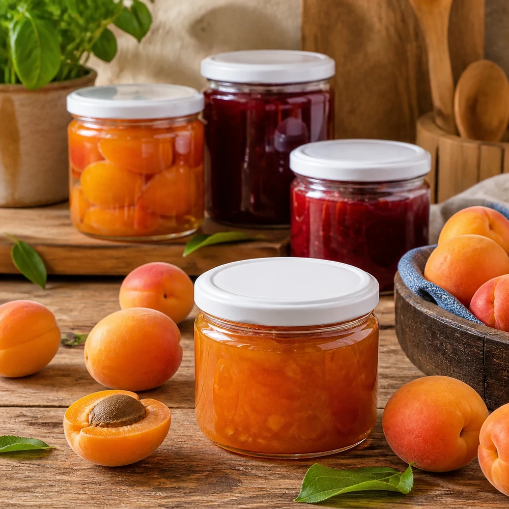 540 ml BasicSeal witte ronde pot gevuld met abrikozenjam - praktische inmaakpot voor jam en conserven