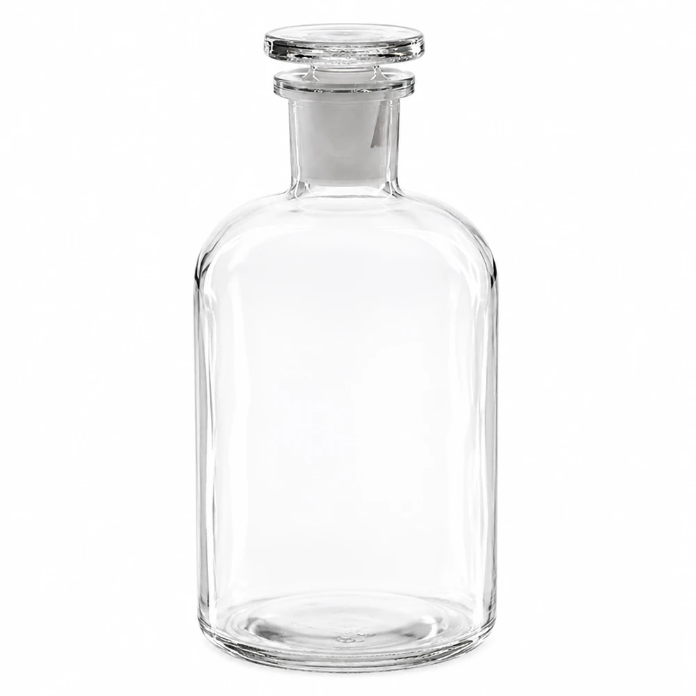 Apothekersfles 500 ml, transparant, smalle hals, met glazen stop, luchtdicht afgesloten