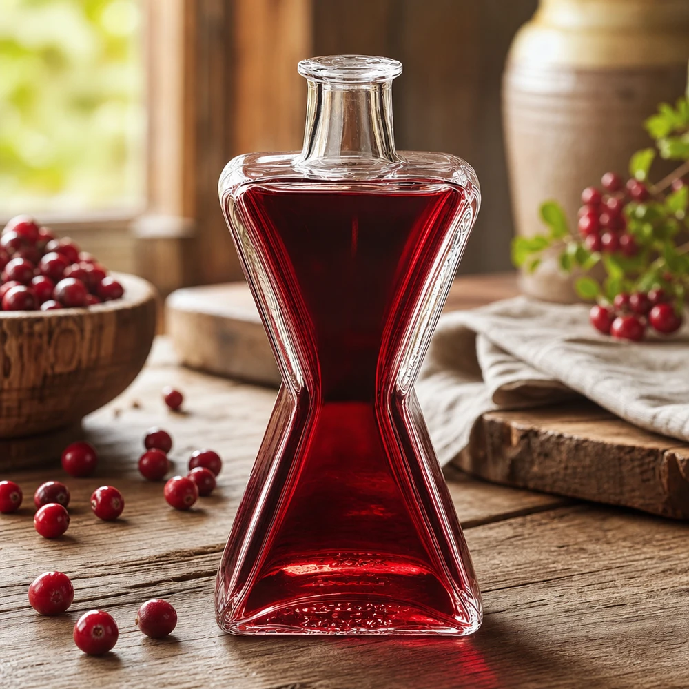 200 ml glazen fles 200ml Glasflasche "Star" ohne Verschluss UNiTWIST zonder sluiting UNiTWIST® 200 ml Star glazen fles gevuld met rode veenbessensap naast verse veenbessen op een rustieke houten tafel