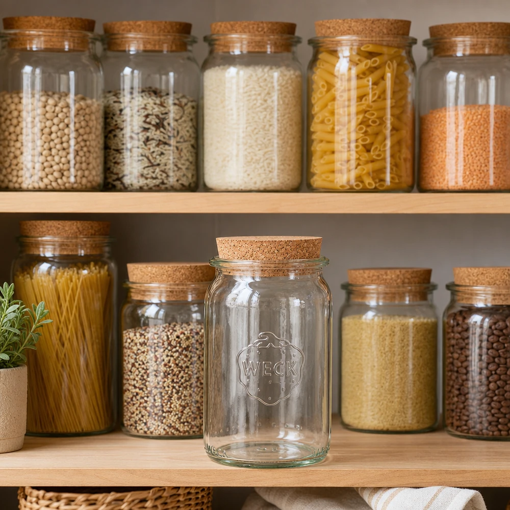 145ml cilinderglas WECK RR40 met kurk WECK Vorratsglas 145ml in stylischer Küchenorganisation mit Korkverschluss zwischen gefüllten Vorratsgläsern auf Holzreg