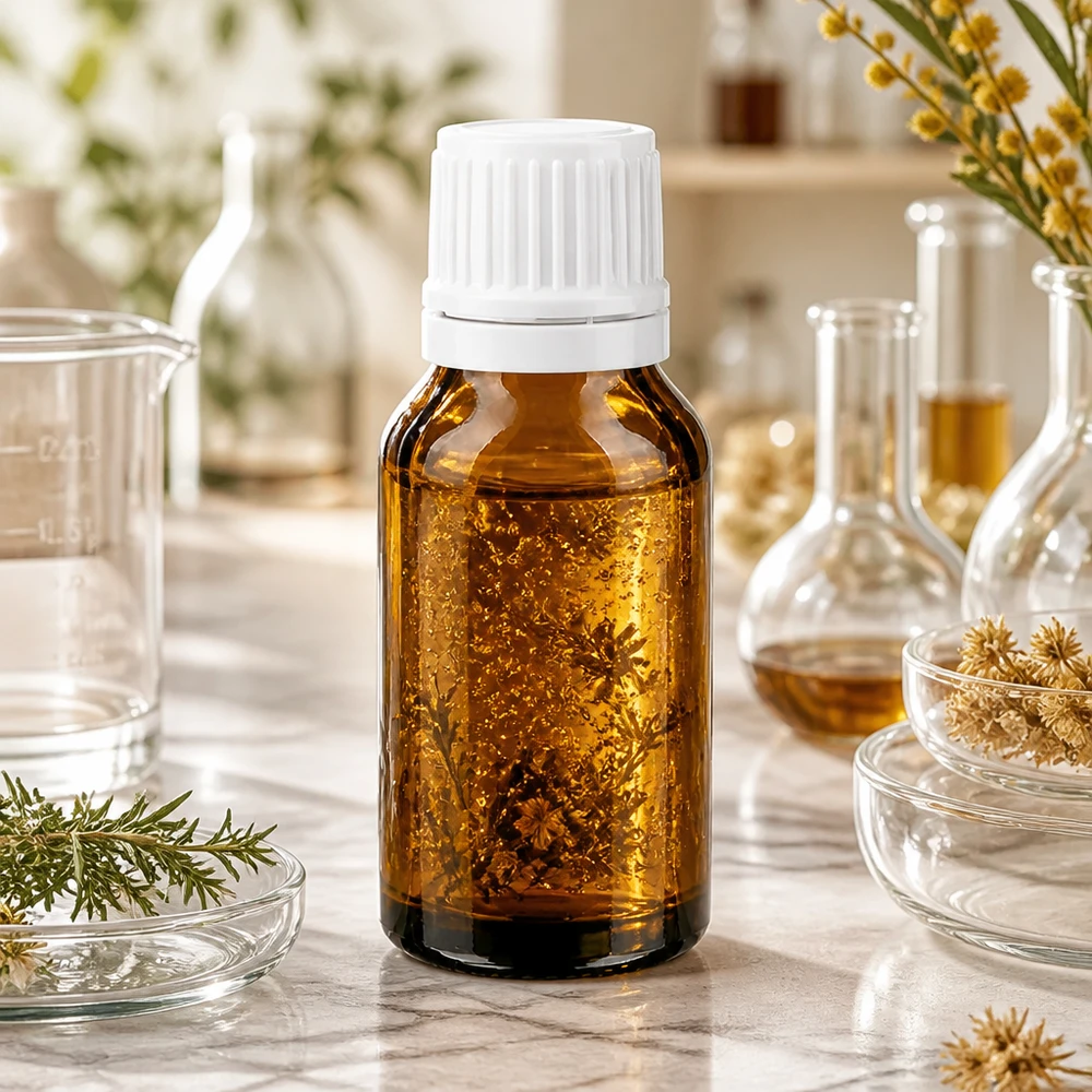 Bruine glazen flesje van 15 ml met witte veiligheidsdop voor plantaardige oliën en tincturen