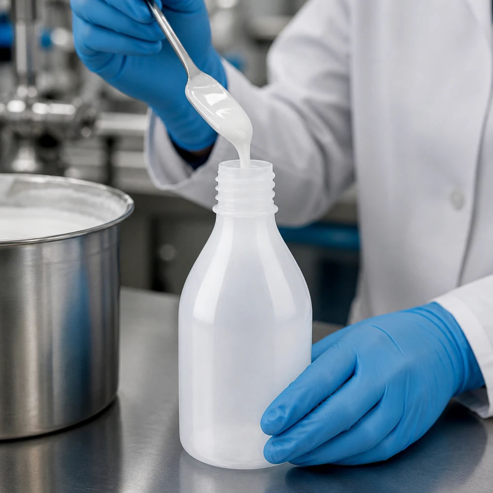 Nauwe hals laboratoriumfles 100ml zonder sluiting 100 ml-flessen met smalle hals van PE-kunststof tijdens het vullen met een witte suspensie in een laboratoriumomgeving