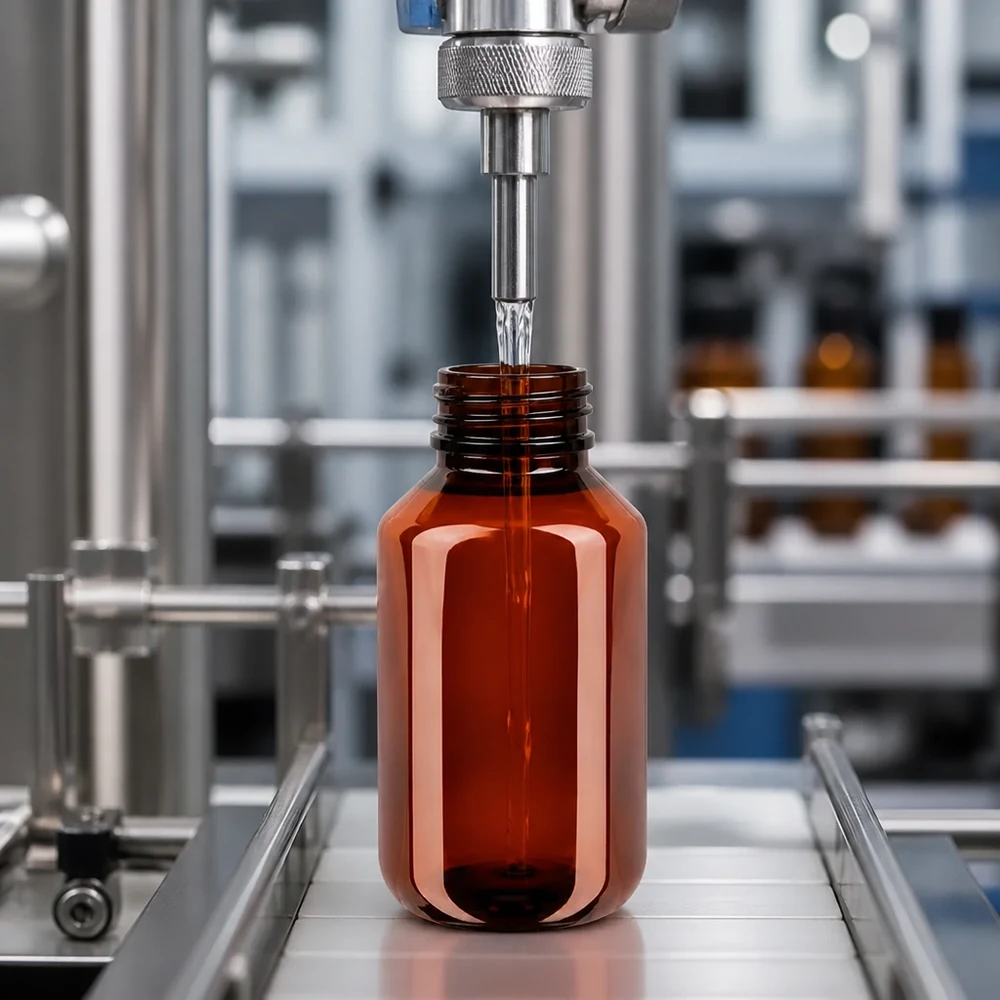 50 ml PET medicijnfles met verstuiver zwart GCMI 28/410 incl. dop transparant, standaard Farmaceutische afvulmachine met een bruine PET-fles van 100 ml en schroefdop