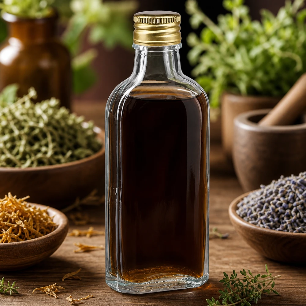 Doorzichtige Meplat-glazen fles van 100 ml met gouden aluminium schroefdop voor natuurlijke producten