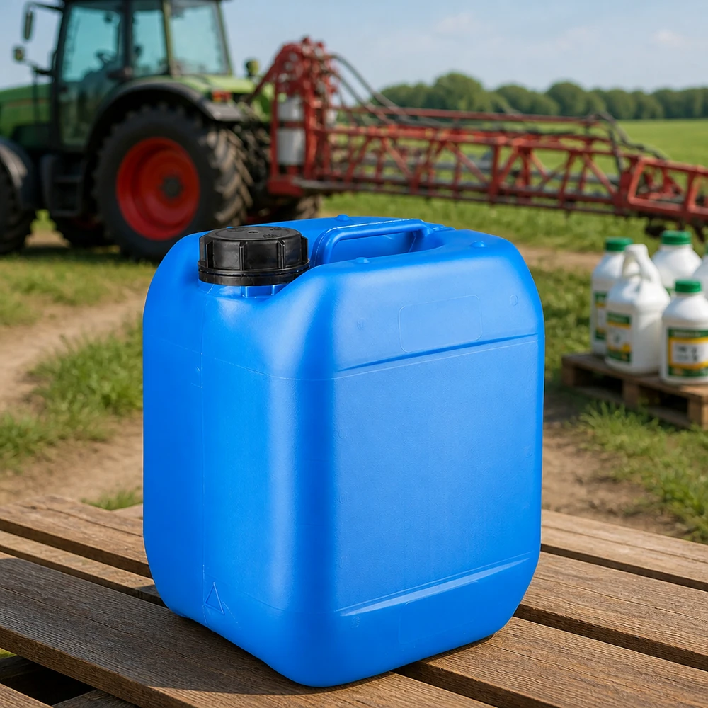 Stapelbare kunststof jerrycan van 5 liter, blauw, met OV-deksel voor herbiciden en gewasbeschermingsmiddelen