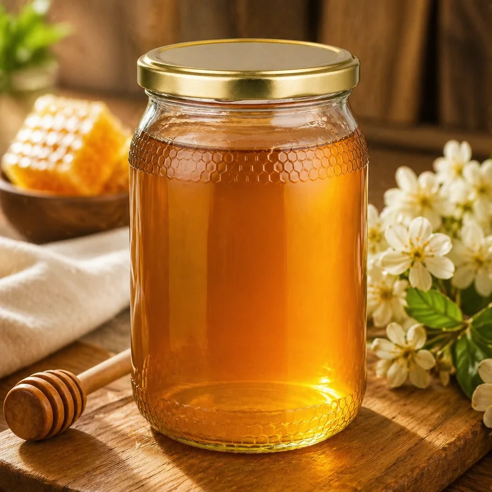 Honingpot 1260 g met gouden BasicSeal UNiTWIST-deksel Honigvolles 900ml Glas mit goldenem UNiTWIST Deckel in natürlicher Ambiente mit Blüten und Honigwaben