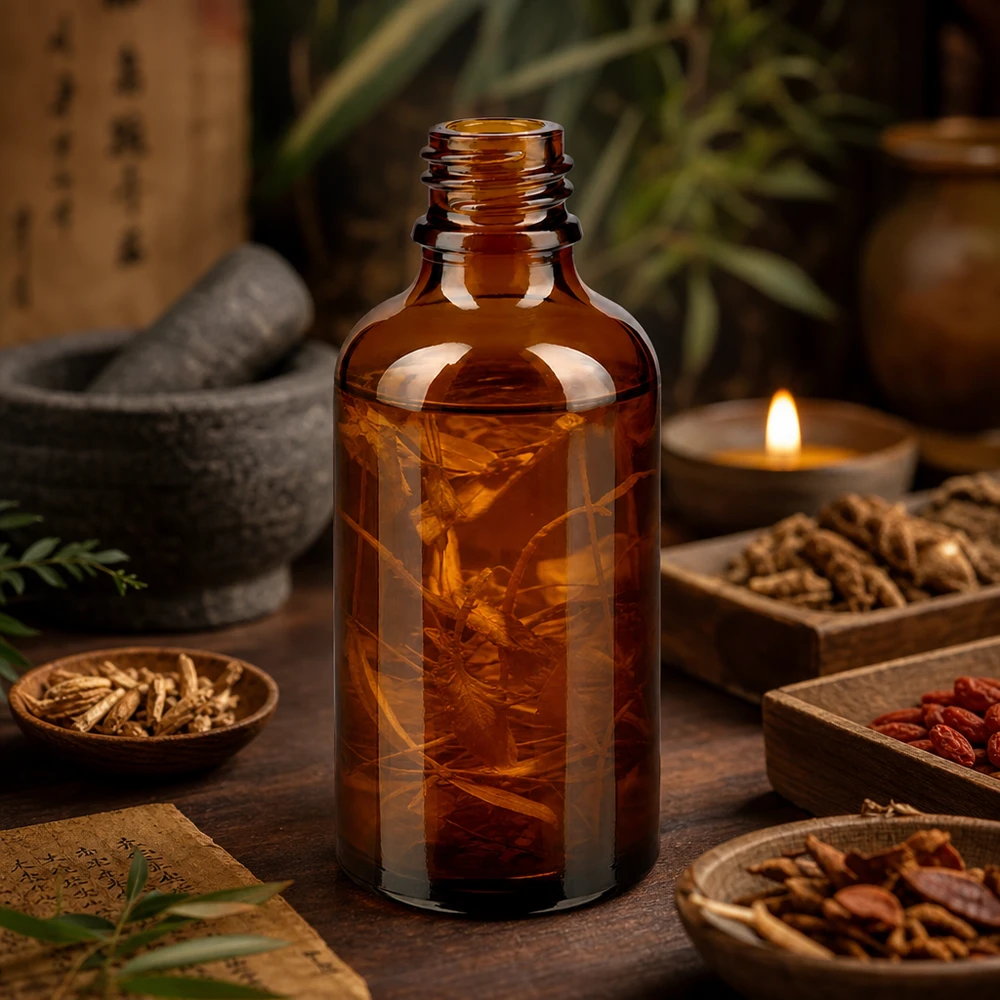 50ml bruine ApoGlas apothekersfles met gedroogde wortels omringd door traditionele geneeskrachtige kruiden en kaarslicht