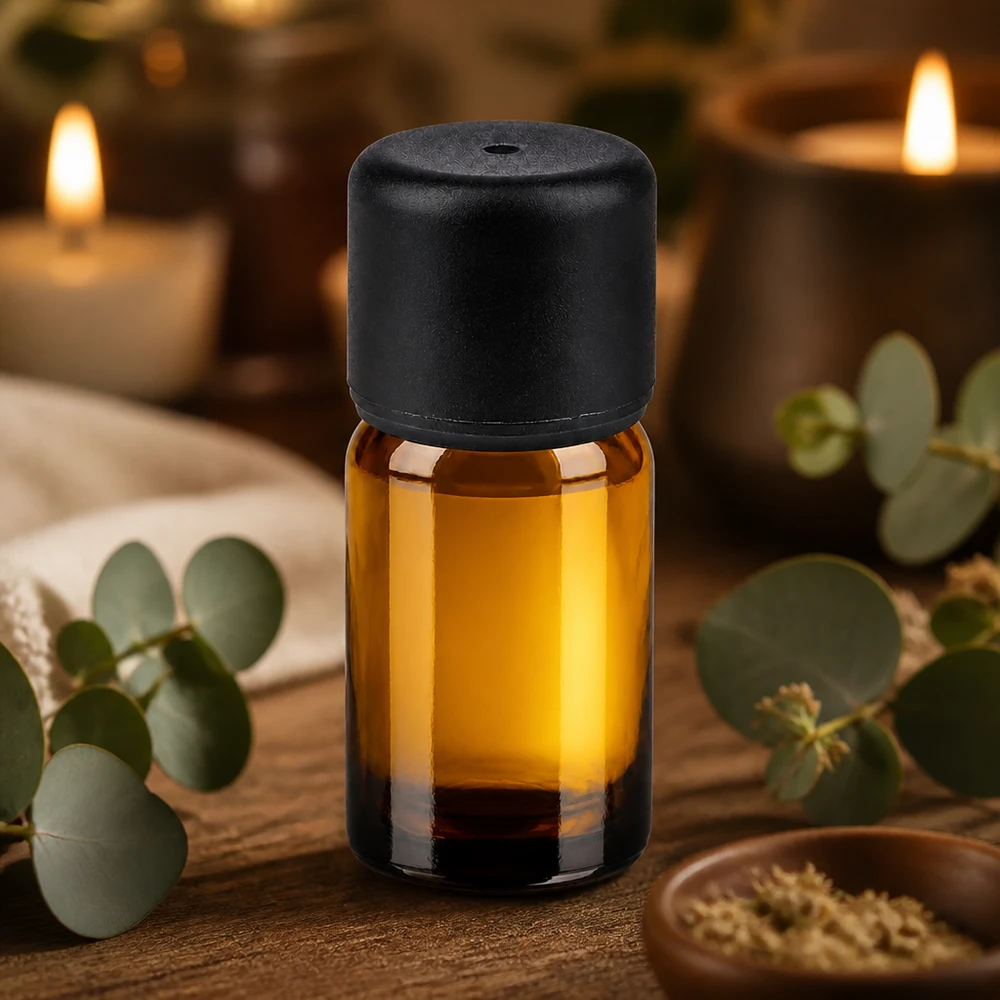 Hoogwaardig 5ml flesje gemaakt van UV-beschermend amberkleurig glas met standaard zwarte dop