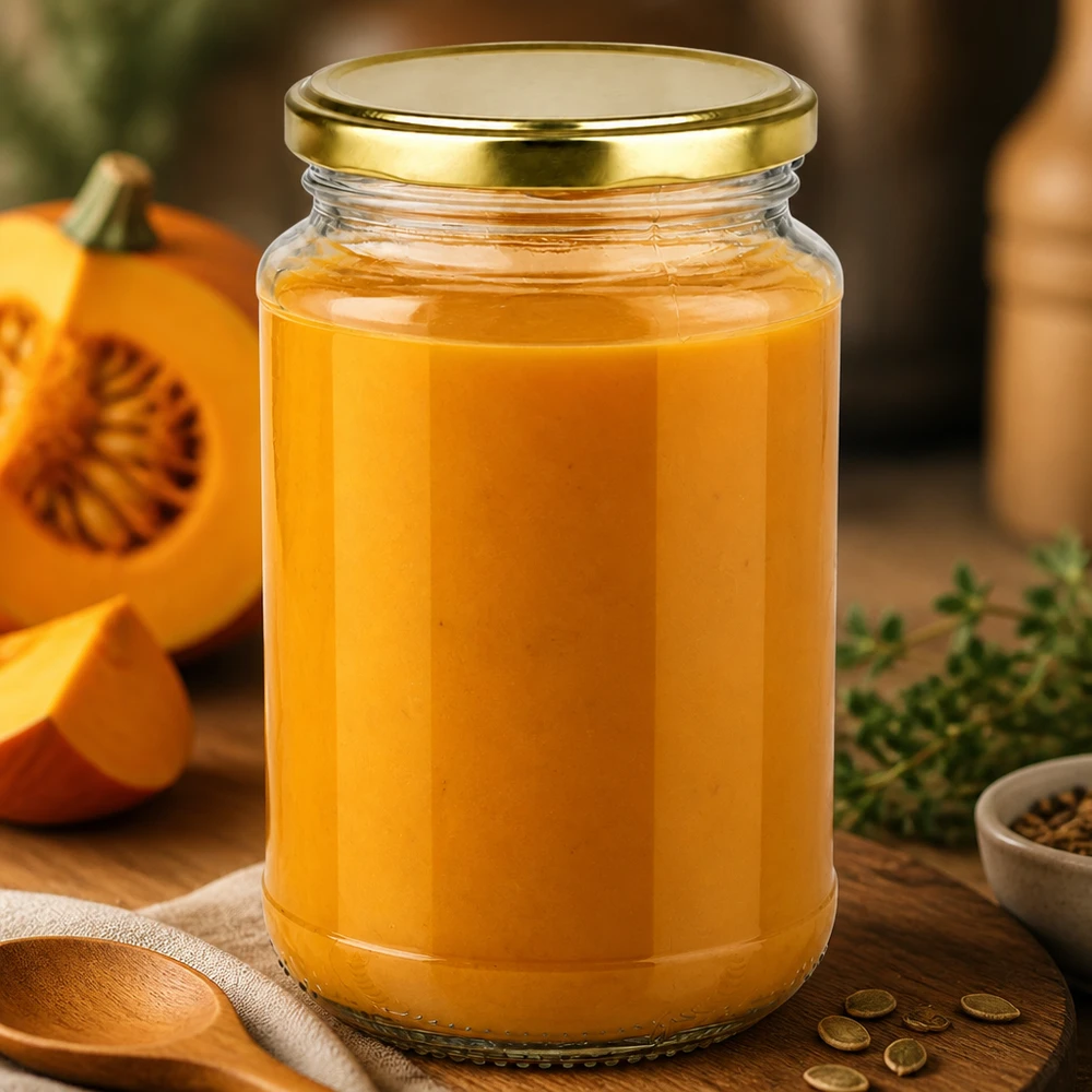 Inmaken gemakkelijk gemaakt: rond glazen potje van 320 ml van UNiTWIST met pompoenpuree en een gouden schroefdeksel