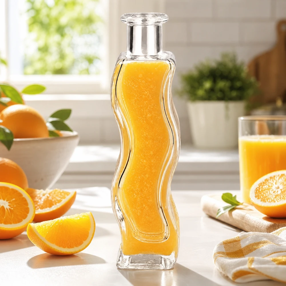 100 ml glazen fles Melissa gevuld met sinaasappelsap in een lichtgekleurde keuken omringd door verse sinaasappels en citrusvruchten