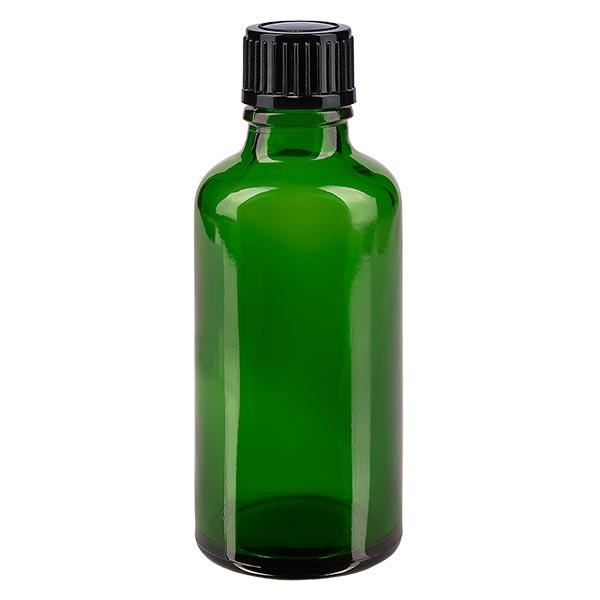 Groenen glazen flessen 50ml met zwart schroefsluiting St Groenen glazen flessen 50ml met zwart schroefsluiting St