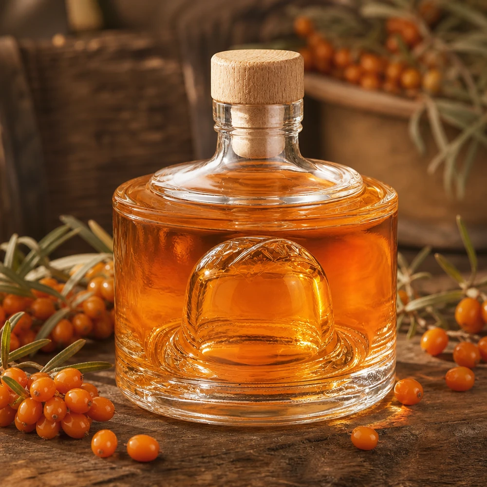 200 ml glazen fles Barbara met houten kurk met handvat UNiTWIST® 200ml Glasflasche Barbara mit Sanddornöl und frischen Sanddornbeeren auf rustikalem Holzuntergrund Naturprodukte