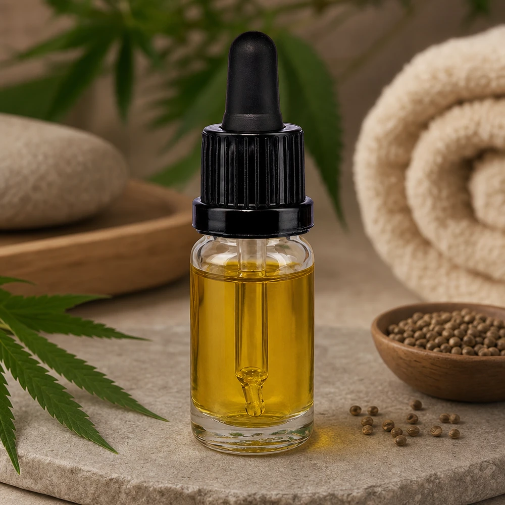 Doorzichtige glazen fles van 10 ml met zwarte druppeldop en hennepblad voor CBD-olie