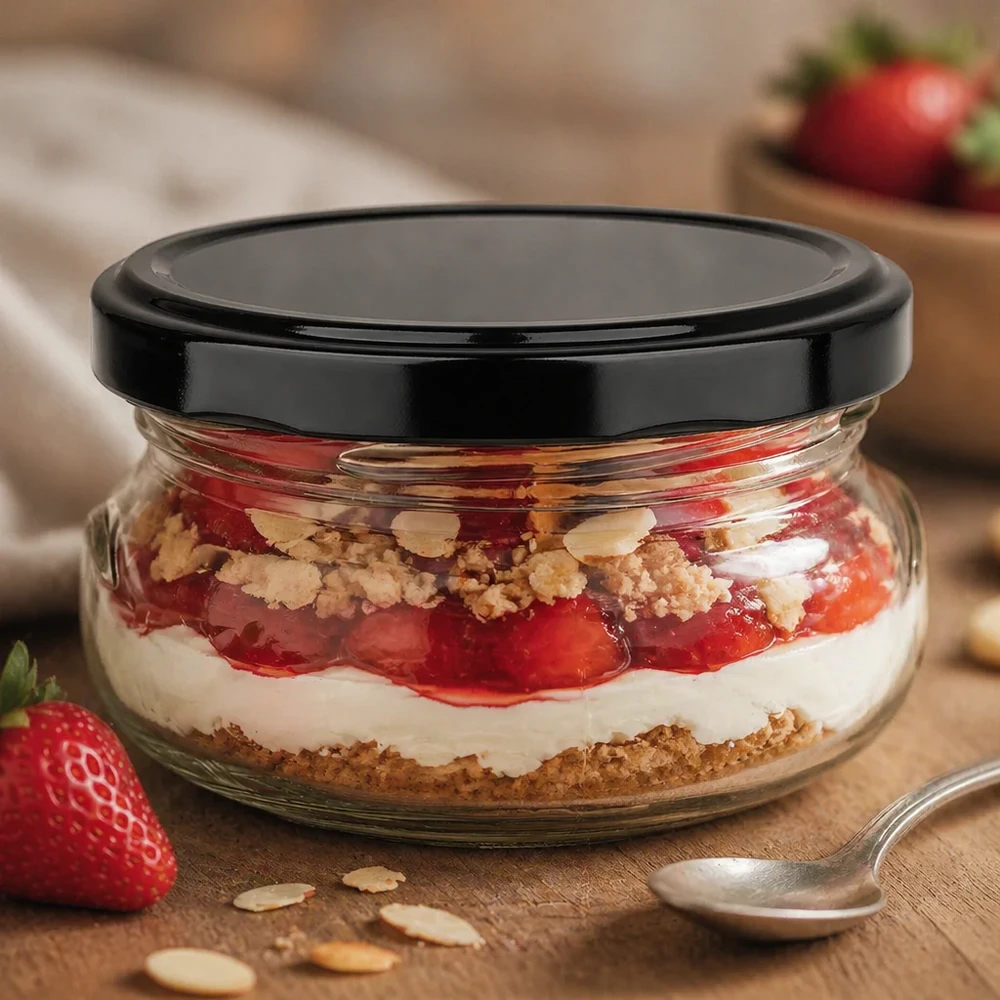 120ml terrine met BasicSeal deksel zwart UNiTWIST 120ml terrineglas gevuld met aardbeientoetje en crumble, zwart deksel, gelaagd dessert in glas klaar om te serveren