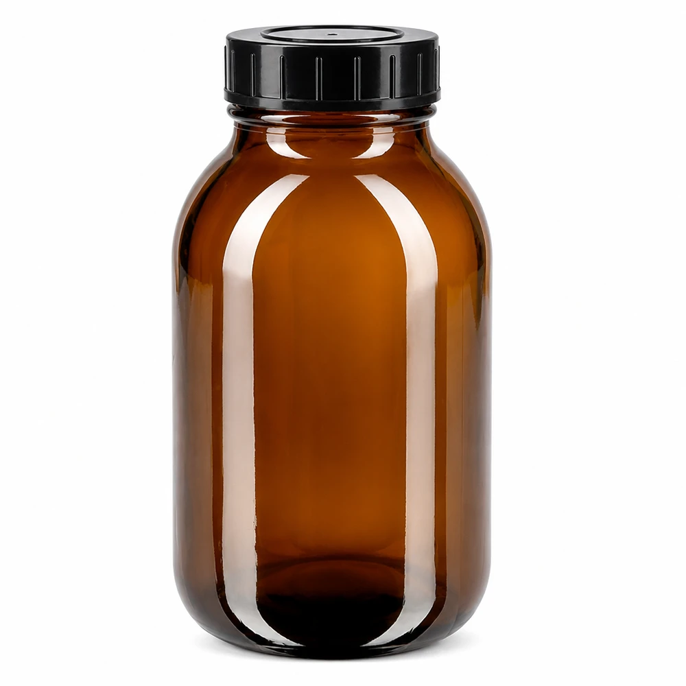 500 ml fles met brede hals van amberkleurig glas met zwarte schroefdop voor optimaal bewaren