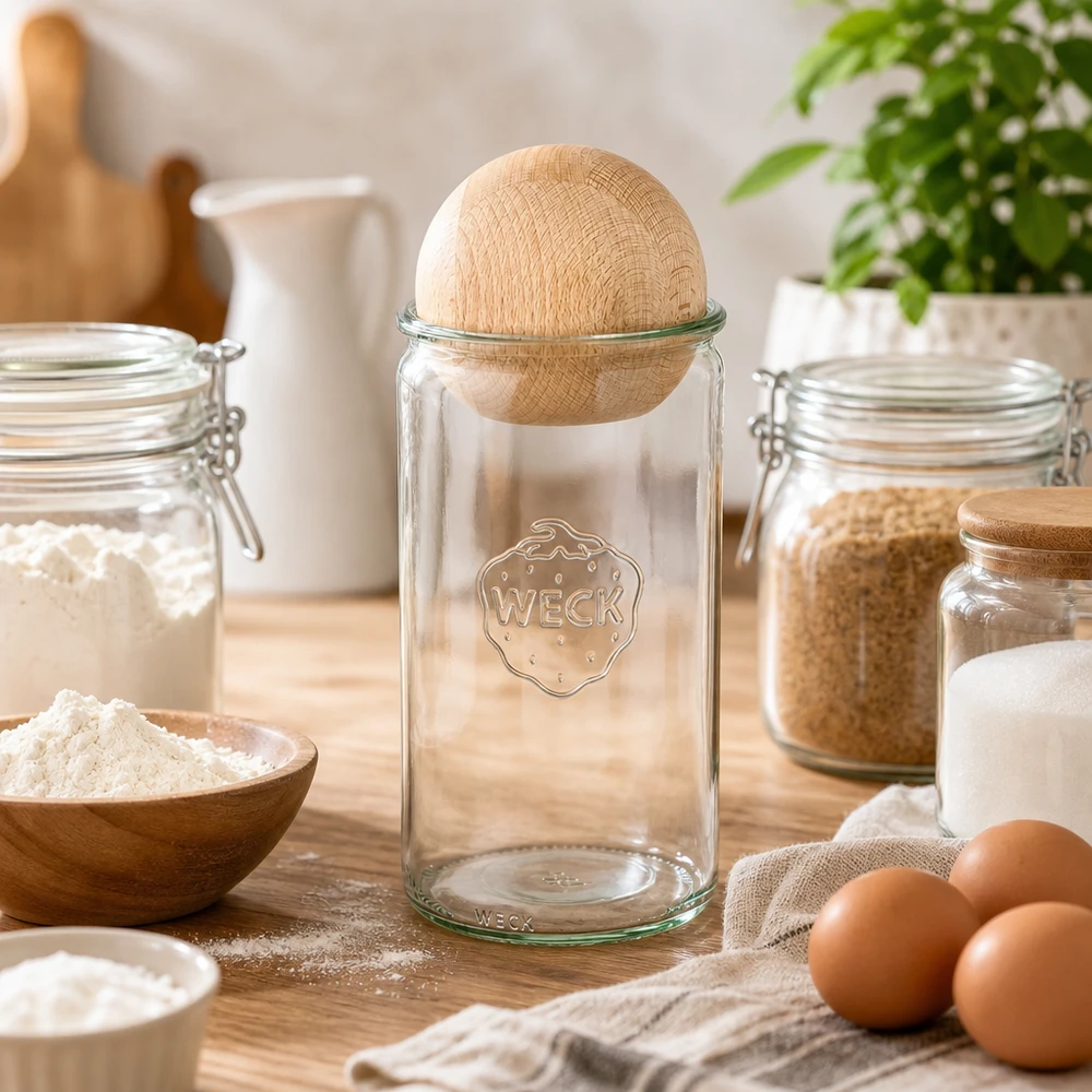 WECK cilinderpot 1590ml RR100 met houten bal van beukenhout in bakkerijkeuken met meel, eieren en bakingrediënten
