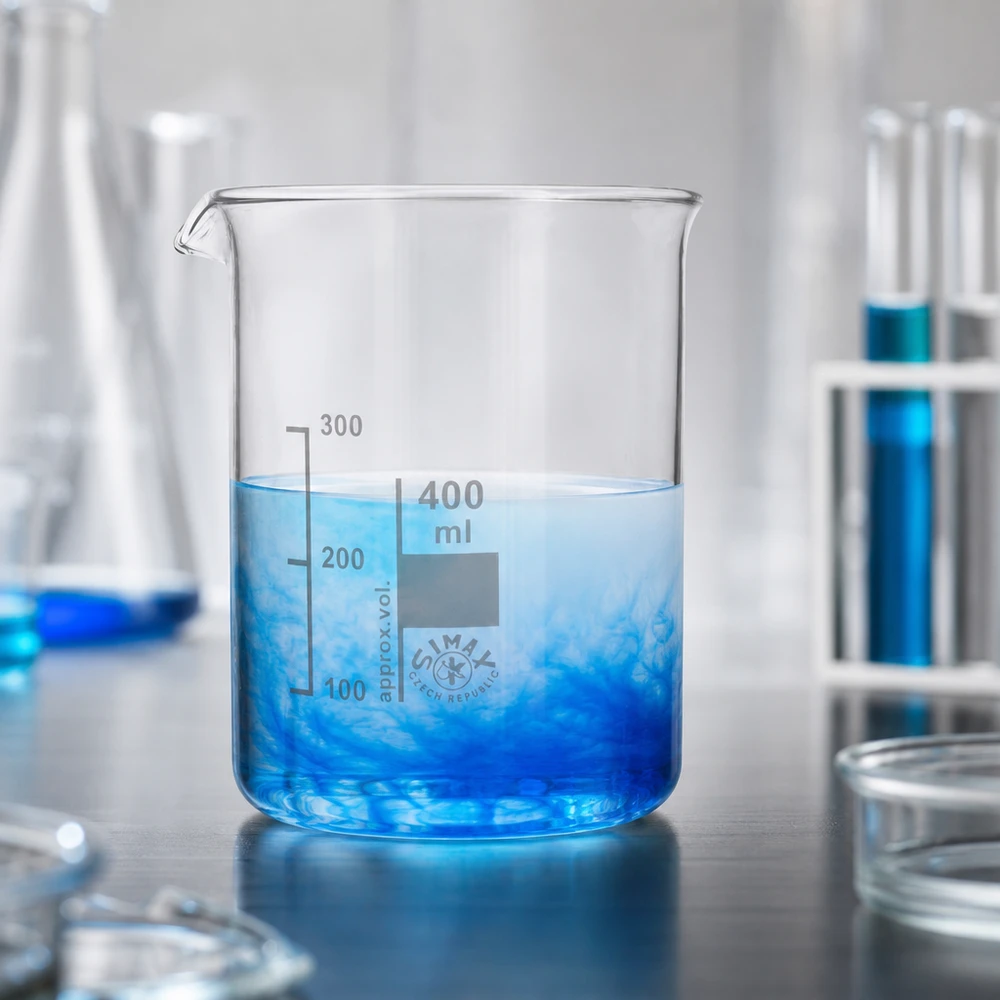 Transparant bekerglas van 400 ml met blauwe vloeistof en duidelijk zichtbare milliliterverdeling