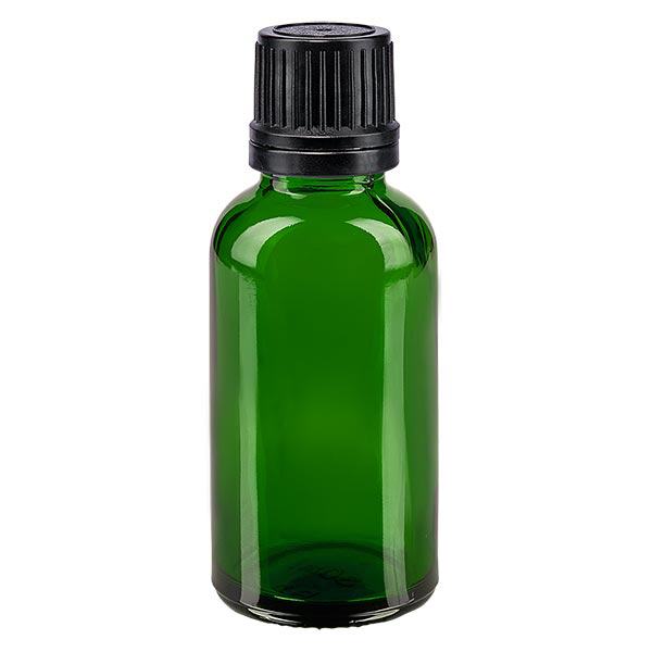 Groenen glazen flessen 30ml met zwart schroefsluiting uitgietring VR Groenen glazen flessen 30ml met zwart schroefsluiting uitgietring VR
