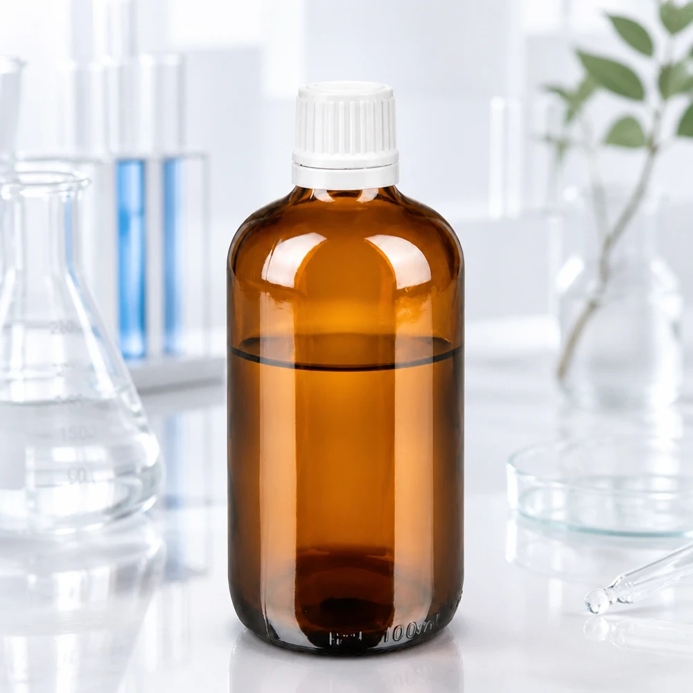 Medische bruine glazen fles van 100 ml met kindveilige druppeldop in een laboratoriumomgeving