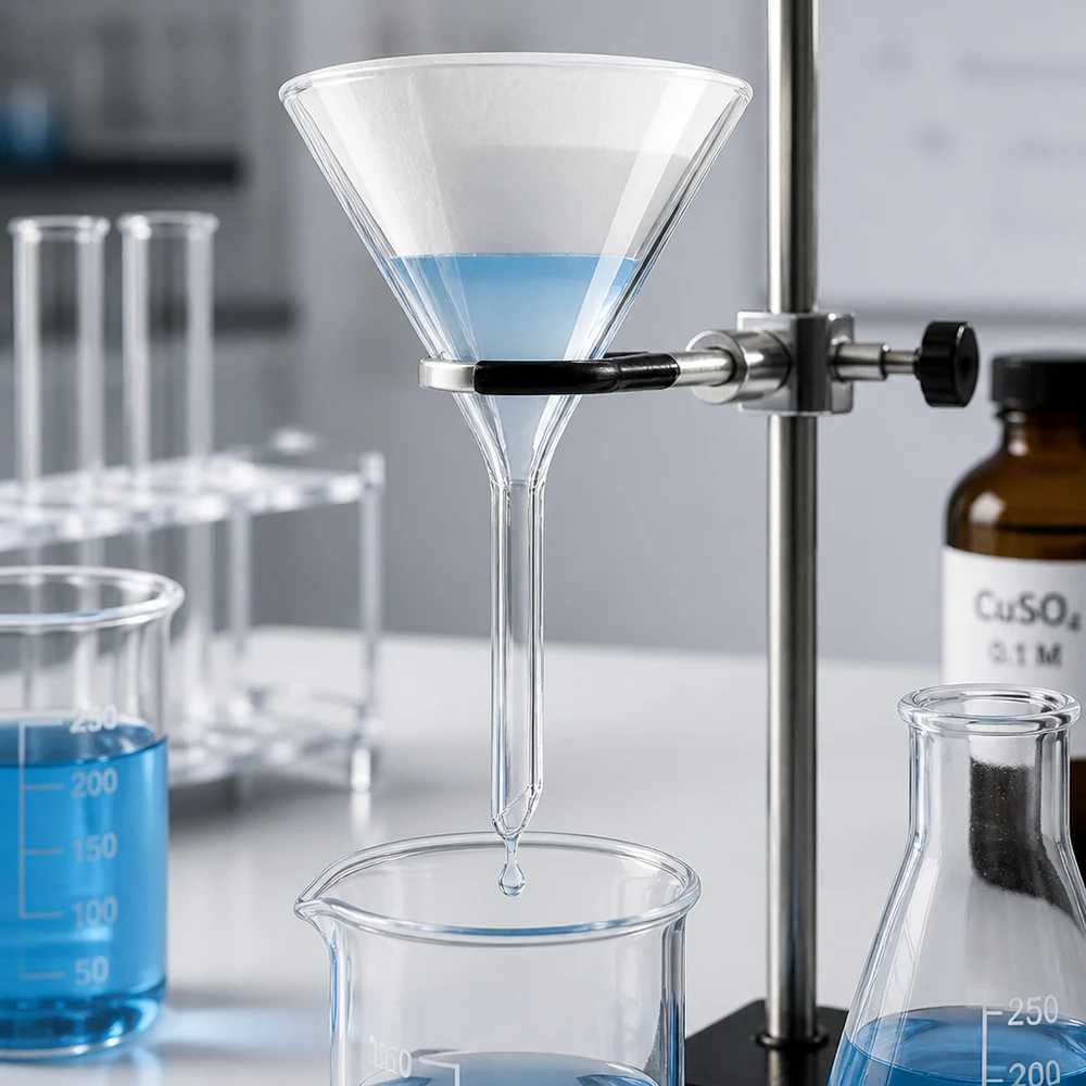 Laboratorium trechter gemaakt van soda lime glas voor precieze vloeistof overdracht met 55 mm opening en kort handvat