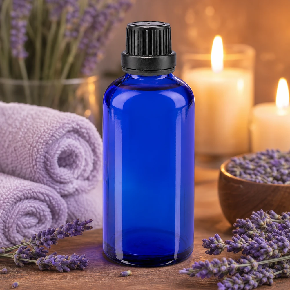 Blauwe glazen flessen 50ml met zwart schroefsluiting dicht. VR Blauwe apofles van 50 ml, omringd door verse lavendel, voor etherische oliën
