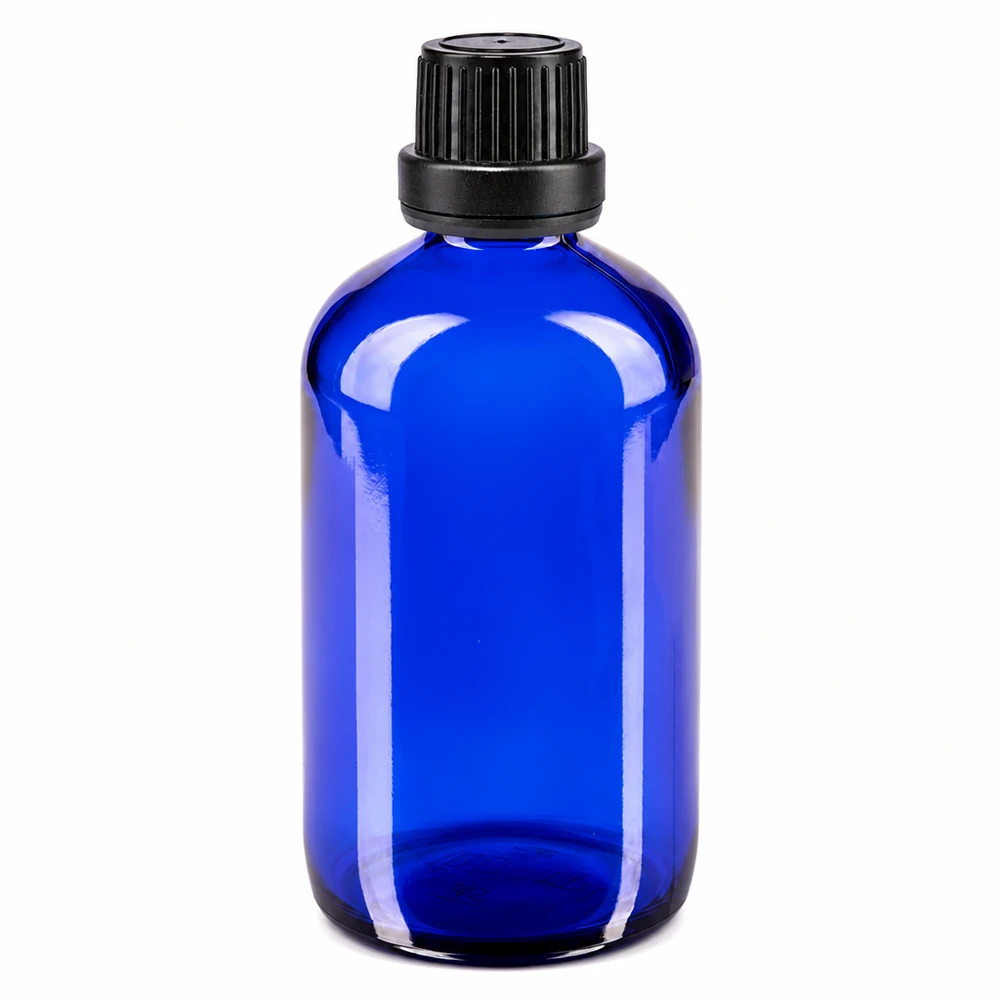Blauwe glazen flessen 100ml met zwart druppelsluiting 2mm VR Blauwe medicijnfles van 100 ml, gemaakt van hoogwaardig apothekersglas, met een zwarte doseerdop