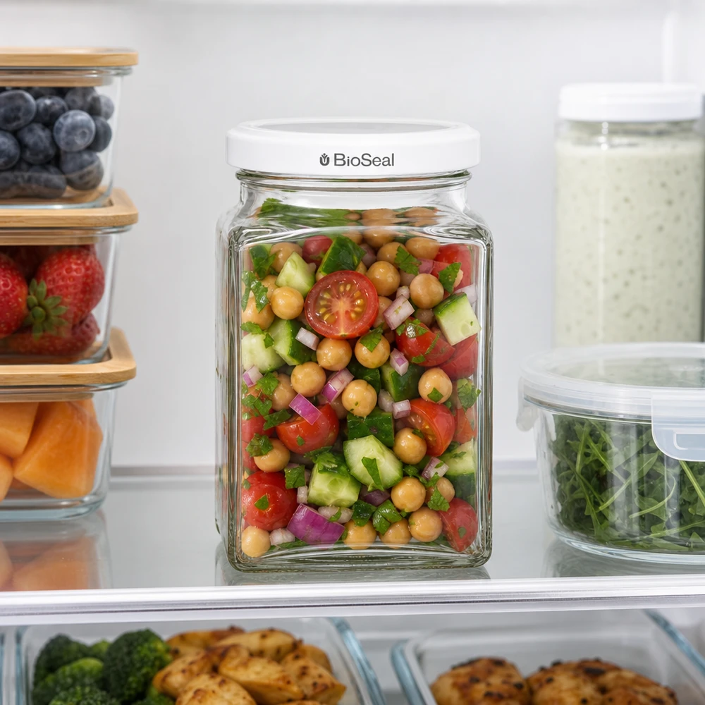 260ml tetraglas met BioSeal deksel wit UNiTWIST UNiTWIST Tetra260 Vorratsglas im Kühlschrank mit Kichererbsensalat weißer TO58 BioSeal Deckel frische Aufbewahrung